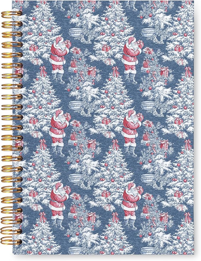 VIIJJUE Blue and White Chinoiserie Christmas Santa Notebook for Women, Blue Red French Country Toile de Jouy Journal, Xmas Tree Santa Holiday Hardcover Spiral Notebooks, 5.5x8.3 Inch