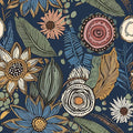 Boho Wallpaper Peel and Stick, Dark Vintage Floral Contact Paper, Retro Botanical Flower Wall Paper Self Adhesive Removable Waterproof for Walls Shelf Cabinet Table 17.5" x 78.7" (Blue,Yellow, Green)