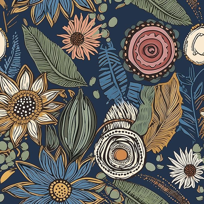 Blue Wallpaper Peel and Stick,Vintage Boho Floral Contact Paper 17.5" x 118", Retro Botanical Flower Wall Paper Self Adhesive Removable Waterproof for Walls Shelves Cabinet Table (Blue,Yellow, Green)