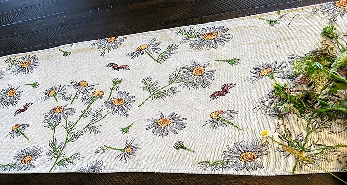 Tache 13 x 54 Floral Table Runner Yellow Daisies Ladybugs Ivory Woven - Vintage Tapestry Farmhouse Kitchen Dining Dinner Linens Cloth Small Coffee Table Runner