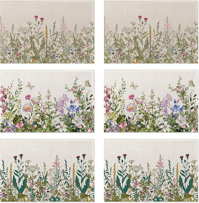 Summer Flower Placemats Set of 6,Washable Heat Resistant 12×18 Inch Linen Table Mats Fall Meadow Herbs Place Mats for Party Outdoor Dining Décor