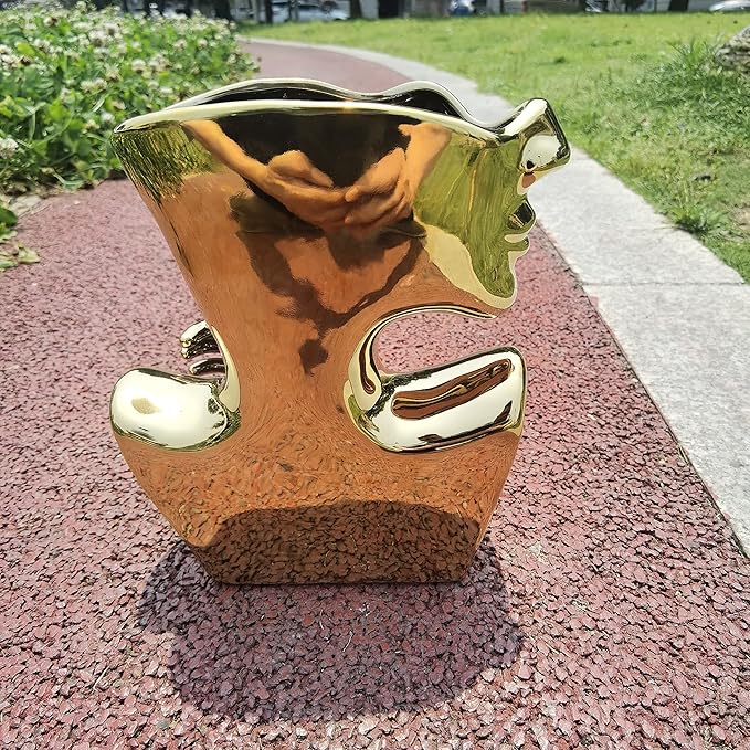 Elegant Gold Ceramic Vase Unique Flower Vase for Home Decor Perfect for Living Room Dining Table Centerpiece (Gold, 1 Pcs)