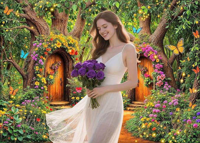 5X3ft Enchanted Forest Backdrop Fairy Tale Green Garden Wonderland Tree House Floral Butterfly Background for Kids Girl Baby Shower Birthday Party Decoration Banner Cake Table Photo Booth Props