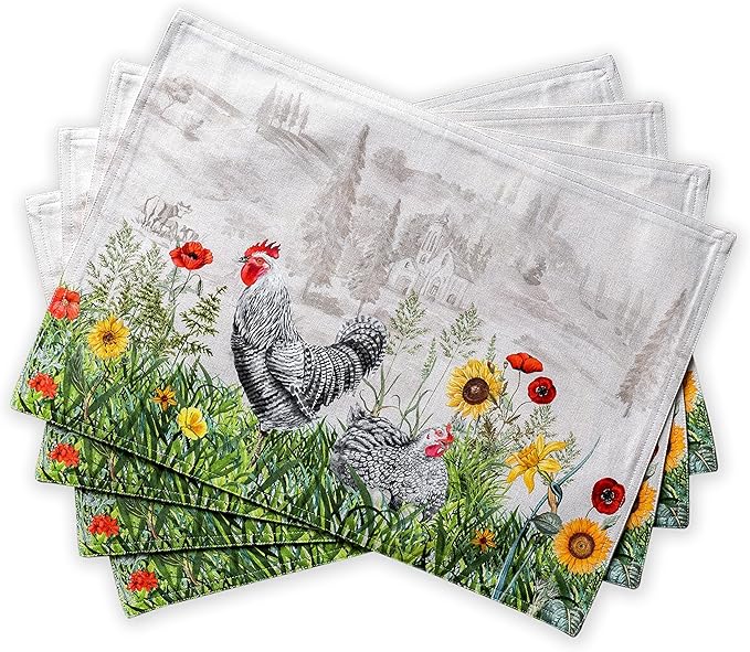 Maison d' Hermine Placemats Set of 4 100% Cotton Washable Cloth Place Mats, Reusable Table Mats for Kitchen Dining Decoration, Party, Wedding, Restaurant Spring/Summer (Basse Cour, 13" x 19")