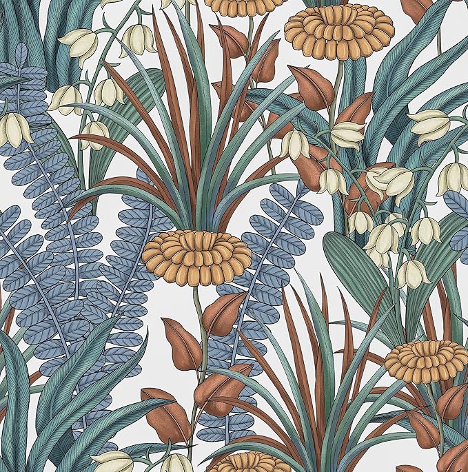 Boho Floral Peel and Stick Wallpaper, Vintage Botanical Contact Paper, Self Adhesive Wall Mural 17.5" x 118" Tropical Wall Paper Waterproof Removable for Bedroom Walls Cabinet (White, Orange, Blue)