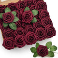Mocoosy 50Pcs Burgundy Roses Artificial Flower, Burgundy Fake Roses for Decoration, Real Touch Foam Rose Bulk with Stem DIY Wedding Bouquet Centerpiece Floral Arrangement Bride Shower Party Home Decor