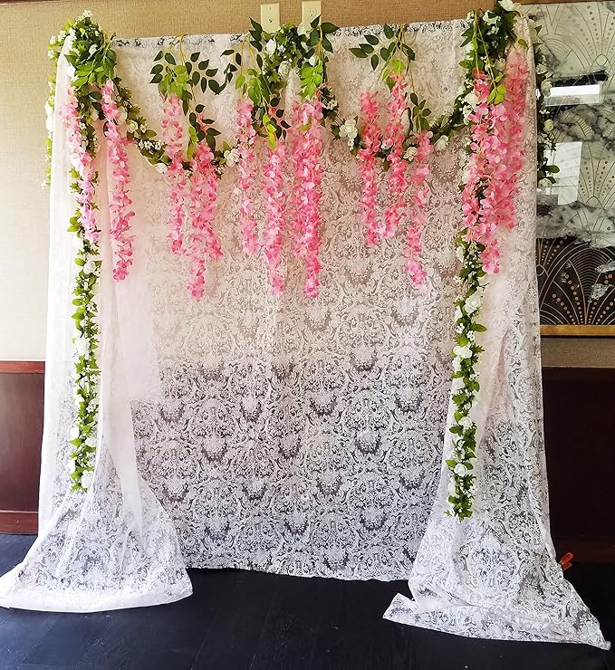 Artificial Wisteria Hanging Flowers Fake Wisteria Flower Garland Silk Vines Rattan Decor for Home Wedding Arch Wall Garden Greenery Bedroom Outdoor Office Party Decoration (12, Dark Pink)