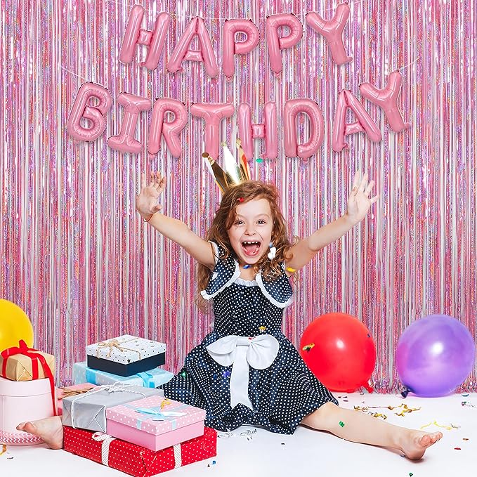 Melsan Pink Tinsel Curtains Backdrop, 3.2 ft x 8.2 ft Sparkle Metallic Foil Curtains for Princess Birthday Party Photo Background Decoration, 2 Pack