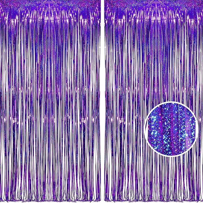BRAVESHINE Purple Tinsel Foil Fringe Curtains - 2Pcs 3.2x8.2ft Metallic Streamers Backdrop for Christmas/Hunters/Girl/Women/Birthdays/Bridal Shower/Bachelorette/Anniversary/Engagement Party Decor