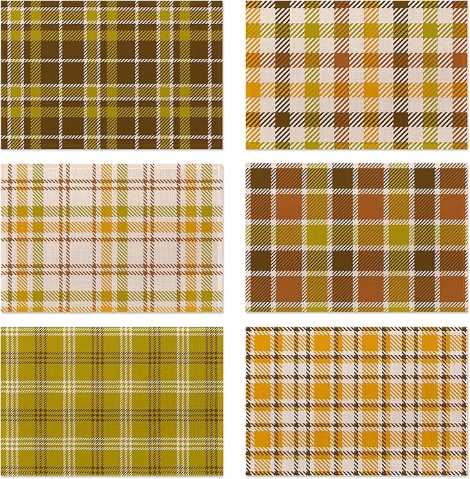 Fall Plaid Placemats Set of 6,Washable Heat Resistant 12×18 Inch Linen Table Mats, Place Mats for Thanksgiving, Christmas, Autumn Dining Decor