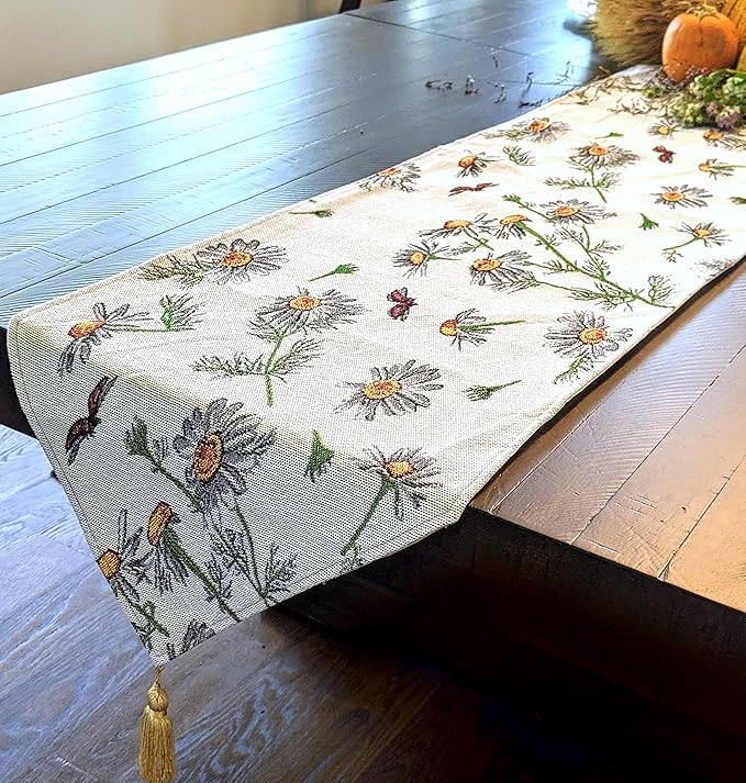 Tache 13 x 54 Floral Table Runner Yellow Daisies Ladybugs Ivory Woven - Vintage Tapestry Farmhouse Kitchen Dining Dinner Linens Cloth Small Coffee Table Runner