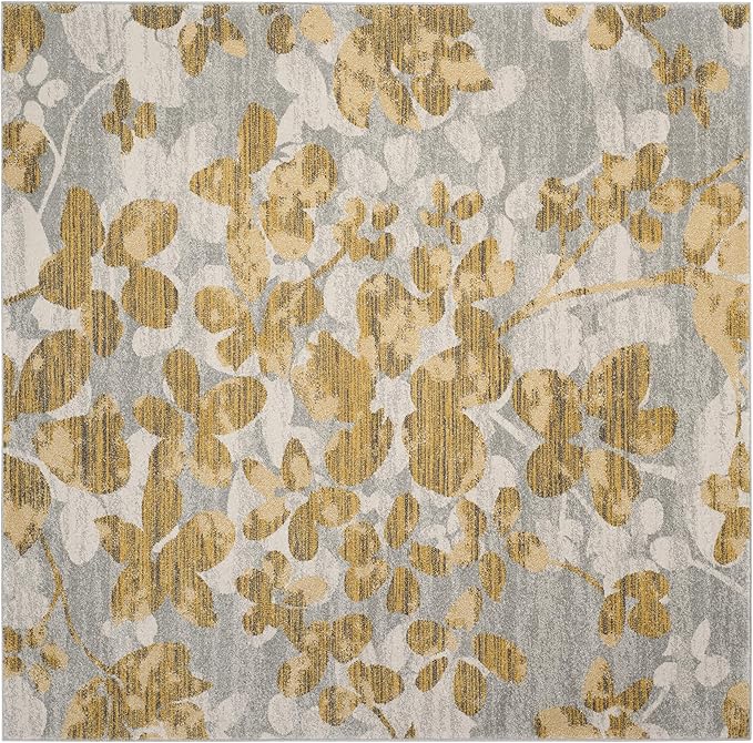 SAFAVIEH Evoke Collection Area Rug - 6'7" Square, Grey & Gold, Floral Design, Non-Shedding & Easy Care, Ideal for High Traffic Areas in Living Room, Bedroom (EVK236P)