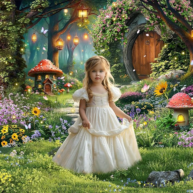 Riyidecor Fairy Backdrop Polyester Fabric Enchanted Garden Wonderland Woodland Mushroom Floral Flower Butterfly 7Wx5H Feet Nature Baby Shower Photography Background Birthday Photo Studio Shoot