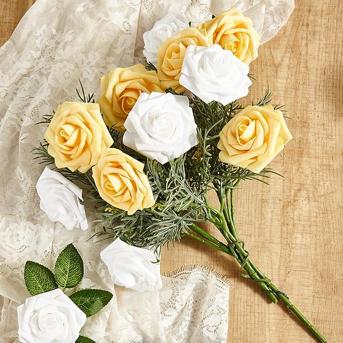 Artificial Flowers, 25pcs Yellow and White Artificial Rose for DIY Wedding Bouquets Centerpieces Arrangements, Fake Flower with Stems for Party Home Decorations