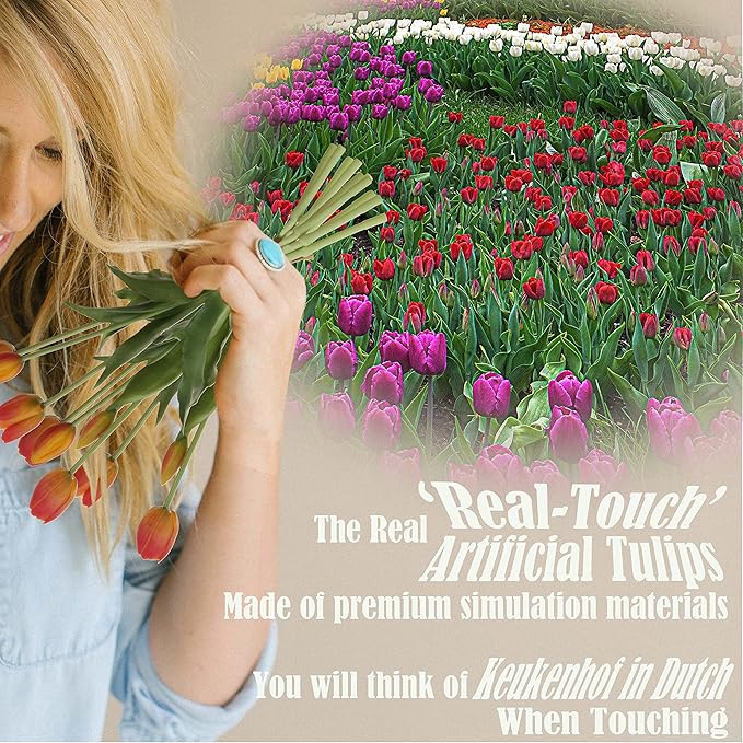 20pcs Artificial Tulip Flowers,16 Inch Real Touch Tulip Stems with Faux Leaves, Faux Tulips and Buds for Home Décor Centerpiece Ornament Wedding Bouquet,Orange