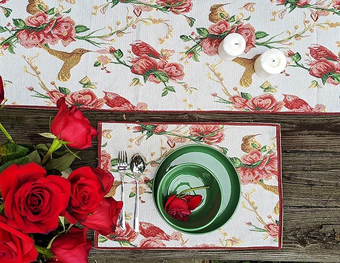 Tache Floral Red Roses Birds Ivory Woven Table Runner - Vintage Tapestry Kitchen Dining Dinner Linens Cloth - 13 x 72 inches