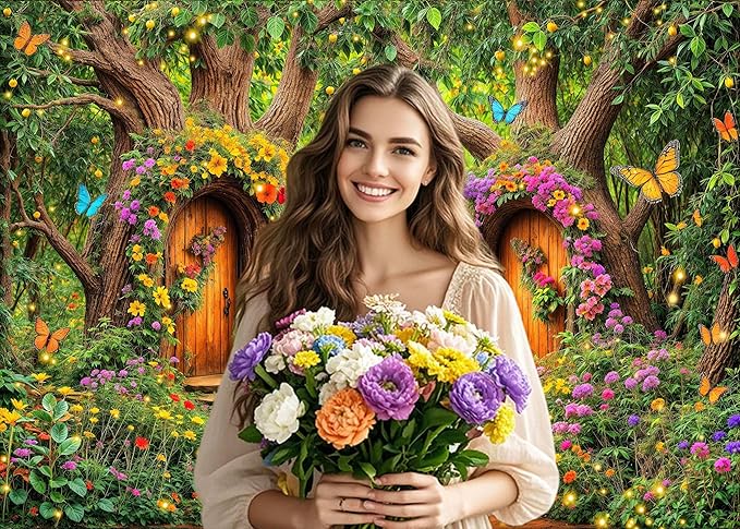 7X5ft Enchanted Forest Backdrop Fairy Tale Green Garden Wonderland Tree House Floral Butterfly Background for Kids Girl Baby Shower Birthday Party Decoration Banner Cake Table Photo Booth Props
