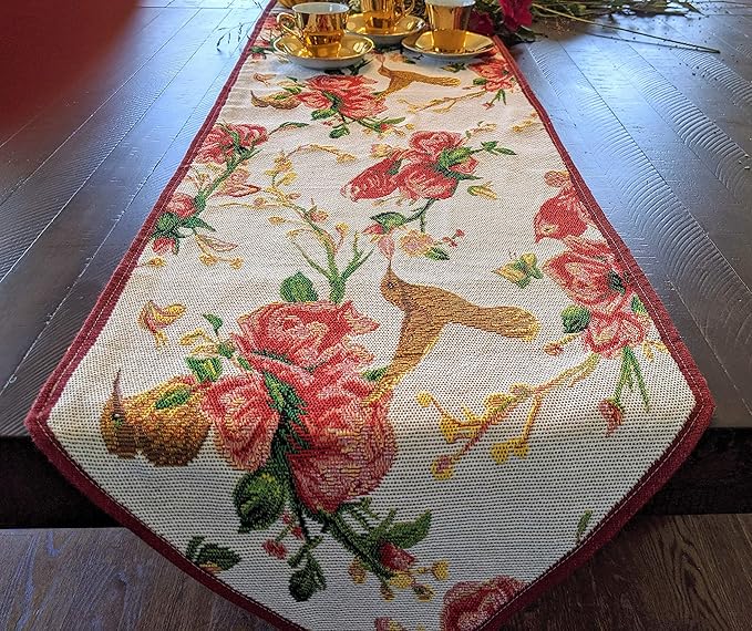 Tache Floral Red Roses Birds Ivory Woven Table Runner - Vintage Tapestry Kitchen Dining Dinner Linens Cloth - 13 x 90 inches
