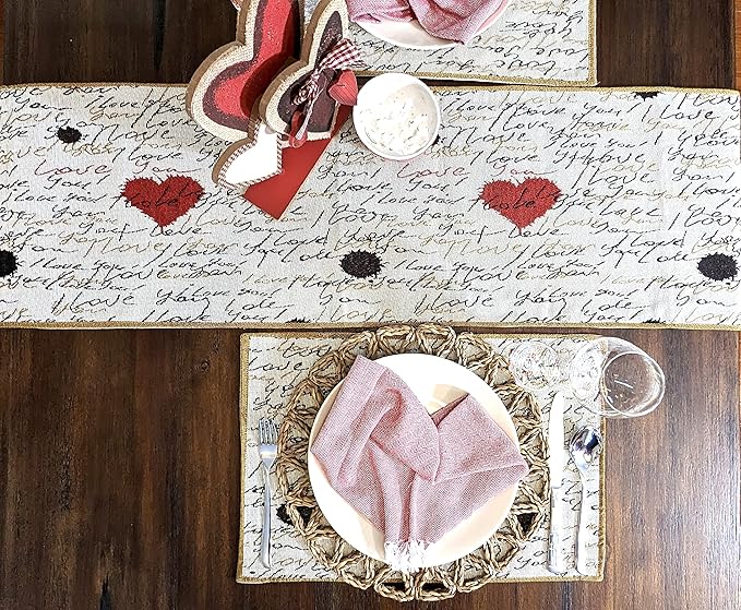 Tache Romantic Cursive Handwritten Love Letter Valentine Hearts Beige Table Runner - Vintage Farmhouse Woven Tapestry Kitchen Dining Dinner Linen Napery Cloth - 13 x 72 inches