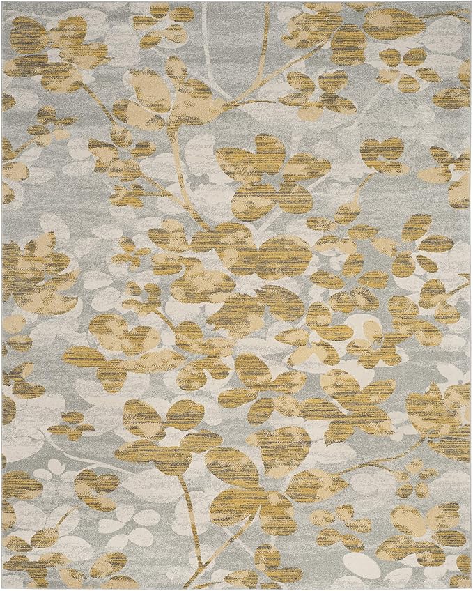 SAFAVIEH Evoke Collection Area Rug - 9' x 12', Grey & Gold, Floral Design, Non-Shedding & Easy Care, Ideal for High Traffic Areas in Living Room, Bedroom (EVK236P)