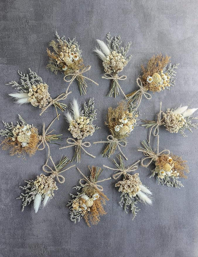 Miniature dried flower bouquet set (12 pcs), small bouquets, gift bags of dried flowers, bridesmaids flower girl proposal gift boxes, groomsmen boutonnieres, shooting props (Brown)