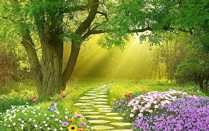 Forest Wallpaper Flower and Road in Forest Wall Mural for Bedroom Living Room TV Background Sofa Wall（Not Peel and Stick）