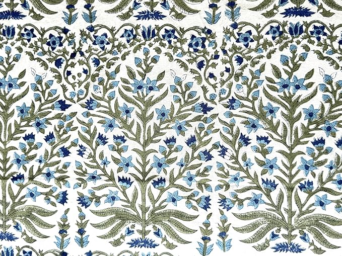 ATOSII Nargis Blue 100% Cotton Rectangle Summer Tablecloth, Indian Block Print Floral Table Cloth I Dining Parties Weddings Outdoors Holidays 60 X 60 Inches 4 Seater I Grandmillennial Farmhouse Boho