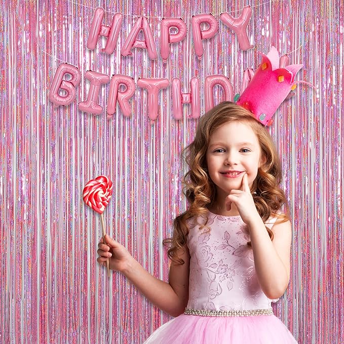 Melsan Pink Tinsel Curtains Backdrop, 3.2 ft x 8.2 ft Sparkle Metallic Foil Curtains for Princess Birthday Party Photo Background Decoration, 2 Pack