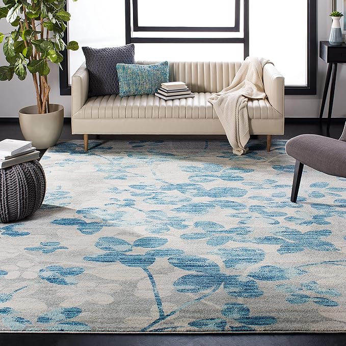 SAFAVIEH Evoke Collection 3' x 5' Grey/Light Blue EVK236J Floral Non-Shedding Living Room Bedroom Accent Rug