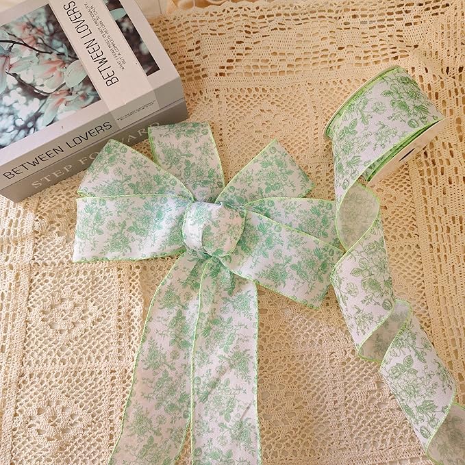 Green Floral Wired Ribbon 2.5 Inch Chinoiserie Vintage Flower Decorative Fabric White and Green Ribbon for Bow Wreath DIY Crafts, 15 Yards