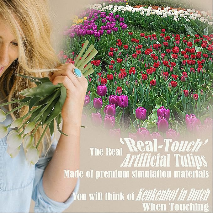 20pcs Artificial Tulip Flowers,16 Inch Real Touch Tulip Stems with Faux Leaves, Faux Tulips and Buds for Home Décor Centerpiece Ornament Wedding Bouquet,White