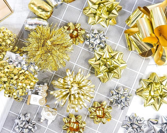 CT CRAFT LLC Gift Bows 22 PCS Set Multi Colored Assorted - Bow x 18 pcs + Kegg Roll x 4 pcs - Silver/Gold, Holiday Christmas Birthday Party Wrapping