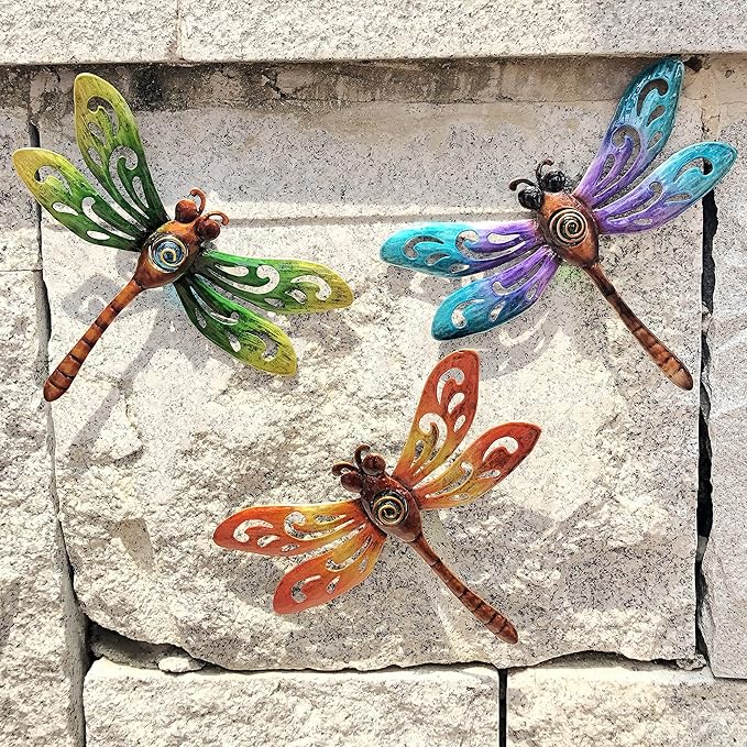 Dragonfly Wall Art Decor, Metal Indoor Outdoor Fence Outside Christmas Decorations for Living Room Bedroom, 9 Inch 3 Pack, Hand-made Vibrant Ornament Sculpture for Patio Balcony
