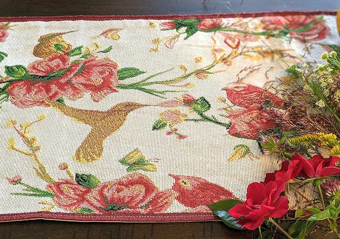 Tache Floral Red Roses Birds Ivory Woven Table Runner - Vintage Tapestry Kitchen Dining Dinner Linens Cloth - 13 x 72 inches