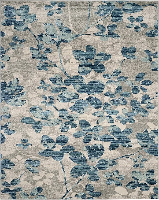 SAFAVIEH Evoke Collection 8' x 10' Grey/Light Blue EVK236J Floral Non-Shedding Living Room Bedroom Dining Home Office Area Rug