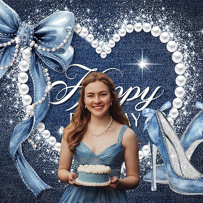 Denim and Diamonds Bow Backdrop 8Wx6H Photography Blue Coquette Silver High Heels Happy Birthday Banner for Women Girls Background Pearl Party Decorations Banner Photo Booth Props Supplies